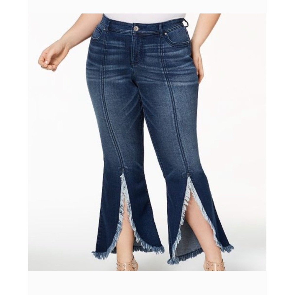 INC International Concepts Women's 16 Frayed Tulip Hem Flare Jeans Blue Stretch